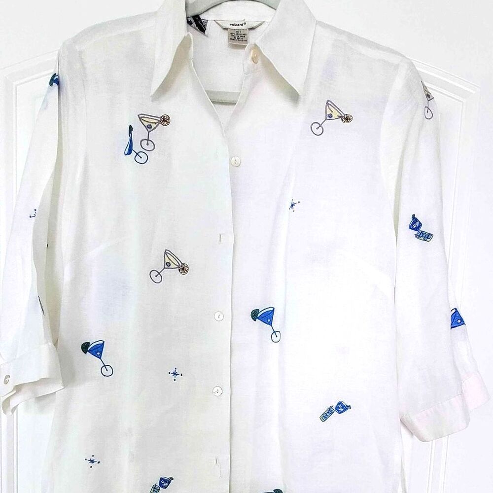 Edward Women's Irish Linen White Shirt with Martini Embroidered Design S